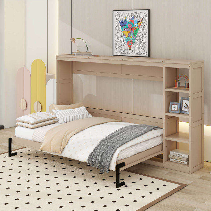 Lit escamotable double avec bibliothèque, Naturel