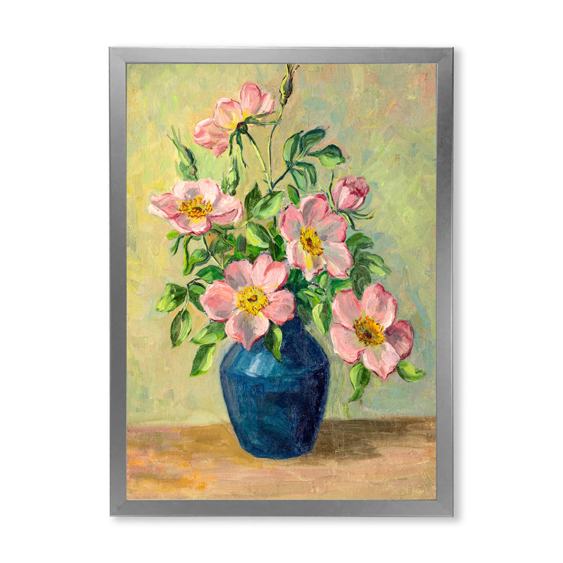Fleurs roses dans un vase bleu - Peinture sur toile encadrée, H 12 po x l 8 po x P 1 po, Toile avec cadre photo argenté