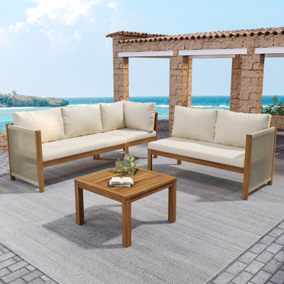 5 - Person Acacia Wood Corner Sofa Set & Coffee Table