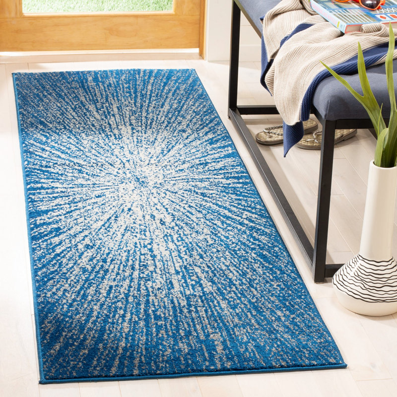 Tapis bleu marine / ivoire Faustina, Tapis de couloir 2 pi 2 po x 11 pi