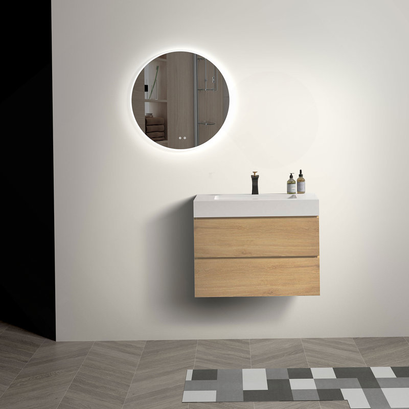 Meuble-lavabo de salle de bain avec lavabo, grand meuble-lavabo flottant mural pour salle de bain moderne, lavabo une pièce blanc brillant sans bonde ni robinet