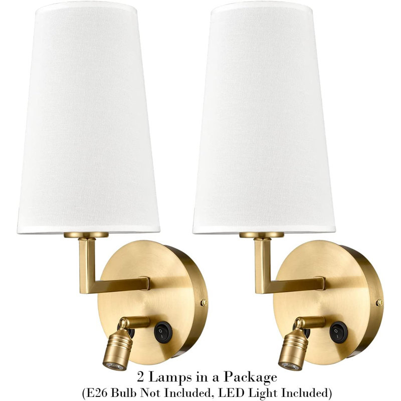 Brushed Brass and White Linen Conical Wall Sconce Set