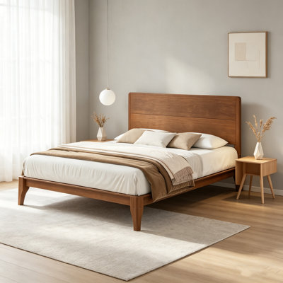 Mid-Century Modern Full Size 12 Inch Bamboo Platform Bed, Wood Slat Metal Support, No Box Spring Needed