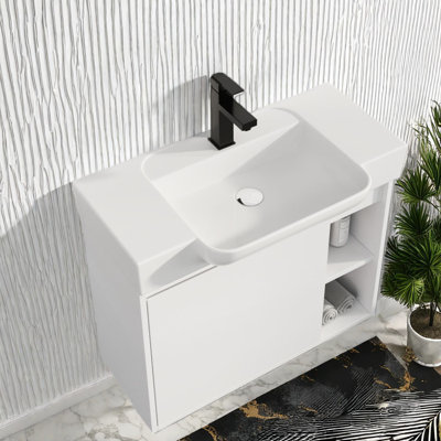 Compact Glossy White Vanity Cabinet And Ceramic Sink, Modern Space-saving Design