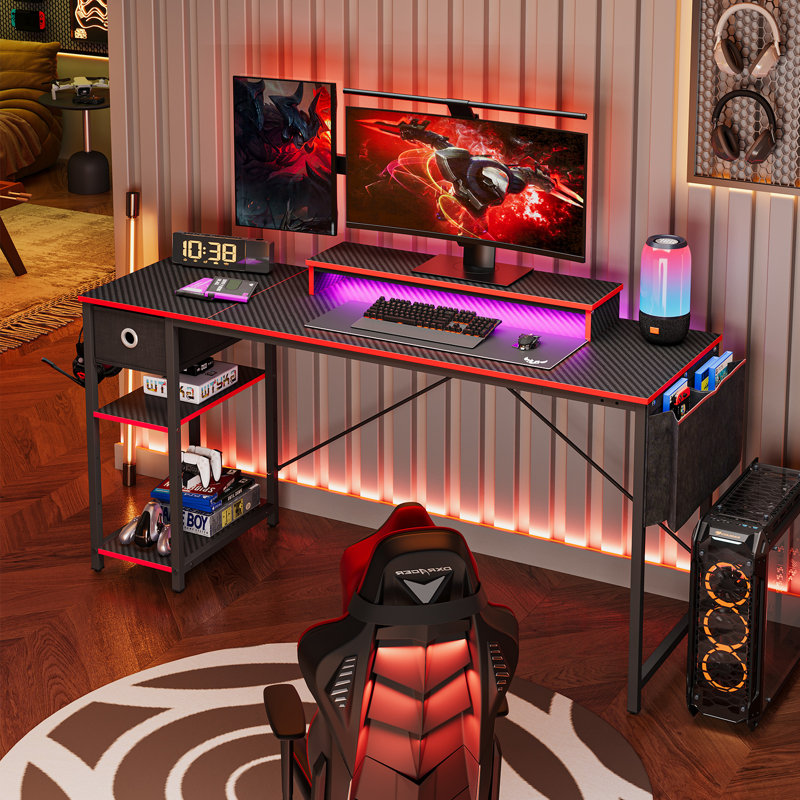 61 Inch Gaming Desk with LED Lights Desk with Monitor Stand and Drawers, Black