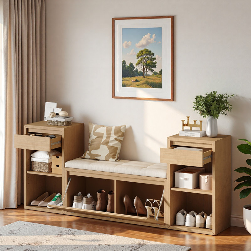 Banc de rangement avec coussin, compartiments, tiroirs et tablettes ouvertes, Naturel