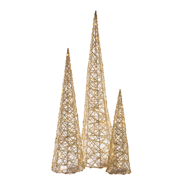 Silver Wireframe Glittered Cone Accent Lighted Tree Set, Golden