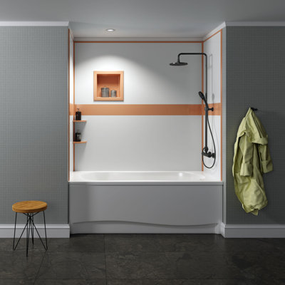 White Poly Tub and Shower Surround with Tan Design Strip and Accessories up to 48Dx96Wx48Dx96H