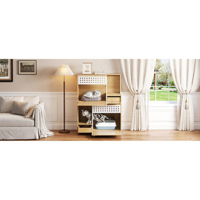 Meuble moderne pour chat 2 en 1, table d'appoint pour litière avec finition naturelle, espace pour les petites maisons, construction, rangement multifonctionnel, confort ventilé, couleur facile à assembler, design moyen