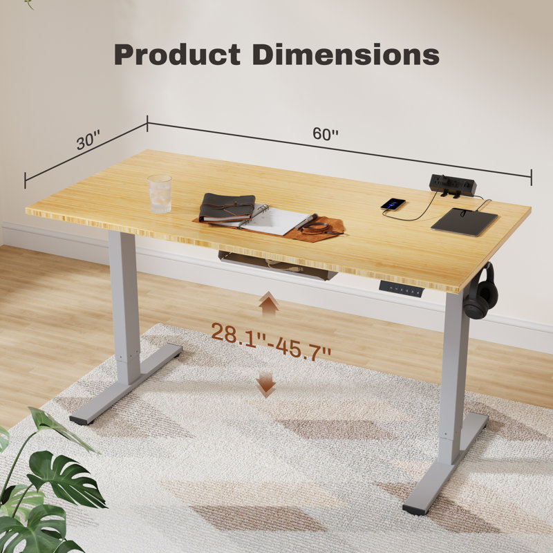 Eric Height Adjustable Standing Desk, 100% Bamboo Desktop, 45.7" H x 60" W x 30" D, Gray