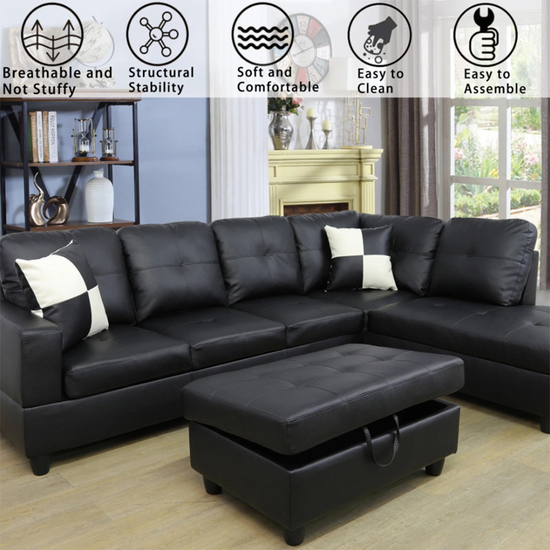 3-piece Faux Leather L-shape Leather Sectional, Black Faux Leather