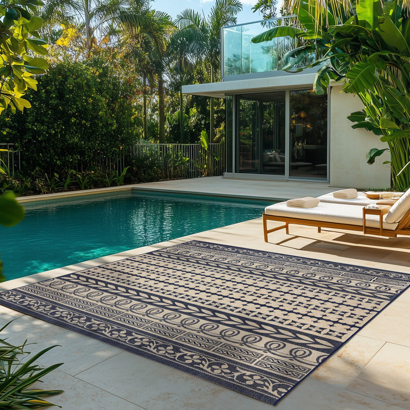 Solterra Ziri Navy Blue Beige Cream Bohemian Moroccan Stripe Flatweave Polypropylene Indoor/ Outdoor Area Rug