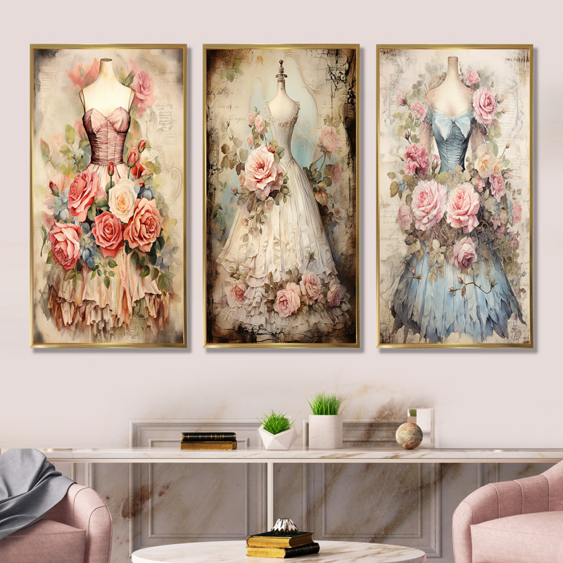 «Vintage Fashion Dress Elegance I», ensemble de 3 reproductions d'art mural mode femme, Cadre flottant doré