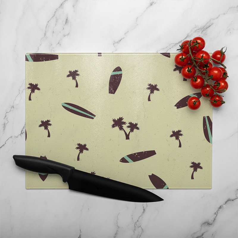 Surf Board & Palm Silhouettes Glass Chopping Board, 40cm L x 28cm W