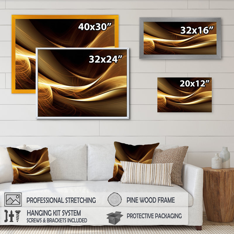 Canapé doré élégant moderne I - art moderne abstrait encadré par vagues, H 24 po x l 32 po x P 1 po, Toile tendue