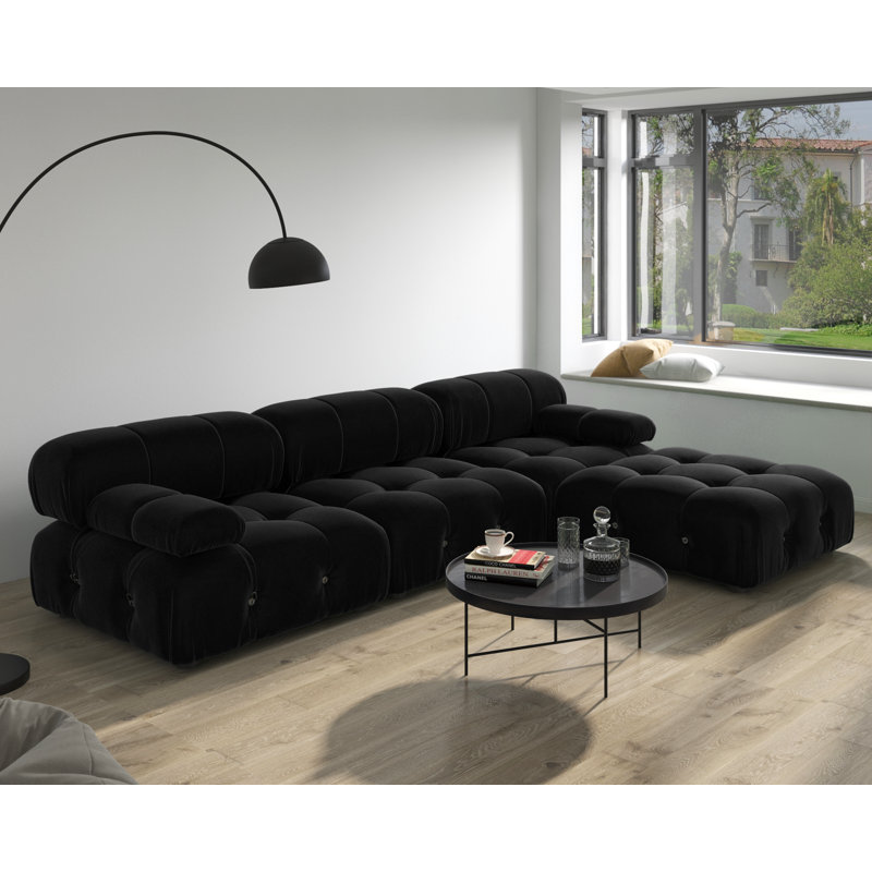 Cylar 104" Wide Velvet Reversible Modular L Shaped Sectional Sofa & Chaise with Ottoman, Velvet Black