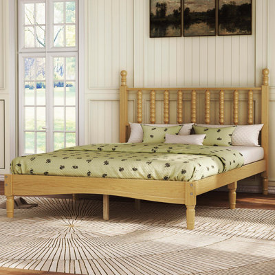Lit plateforme en bois naturel rétro avec tête de lit en forme de gourde et support en lattes de bois