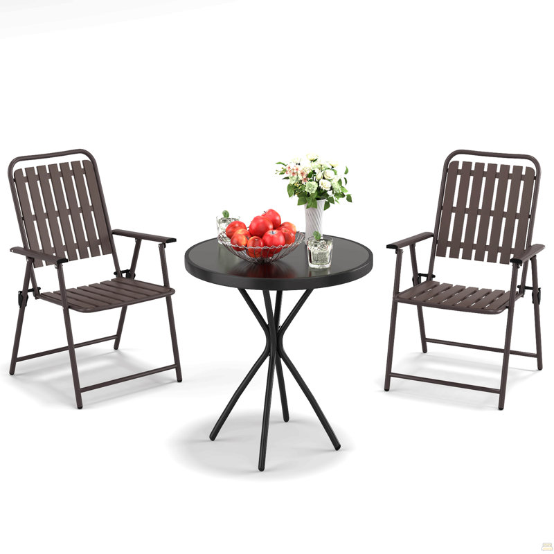 3-Piece Outdoor Patio Furniture Set, Foldable Powder-Coated Metal Chair & Tempered Glass Side Table, Antique brown