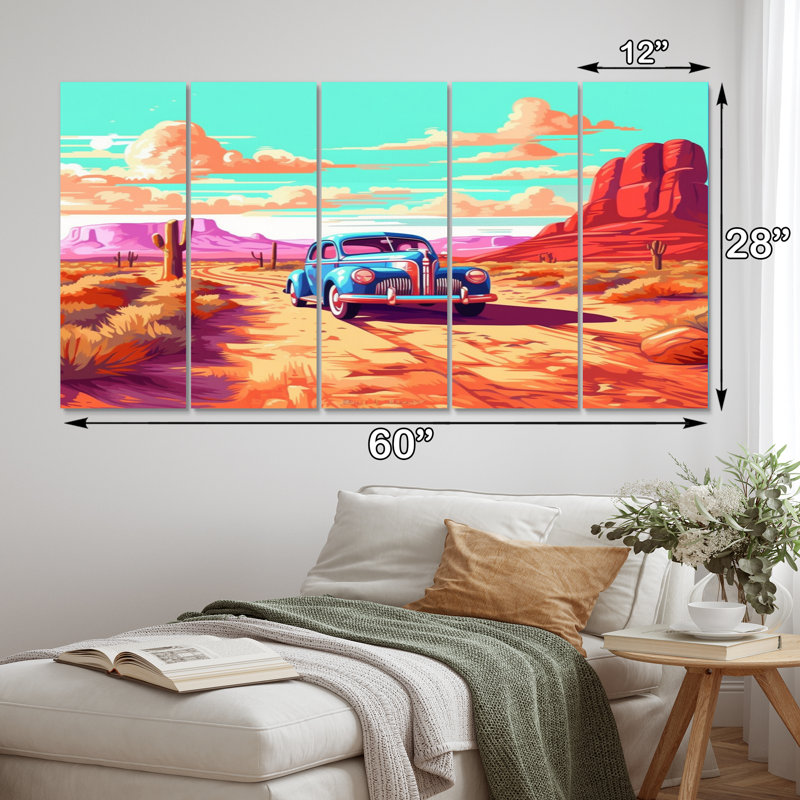 Vintage Blue Car in Desert Landscape Metal Wall Art