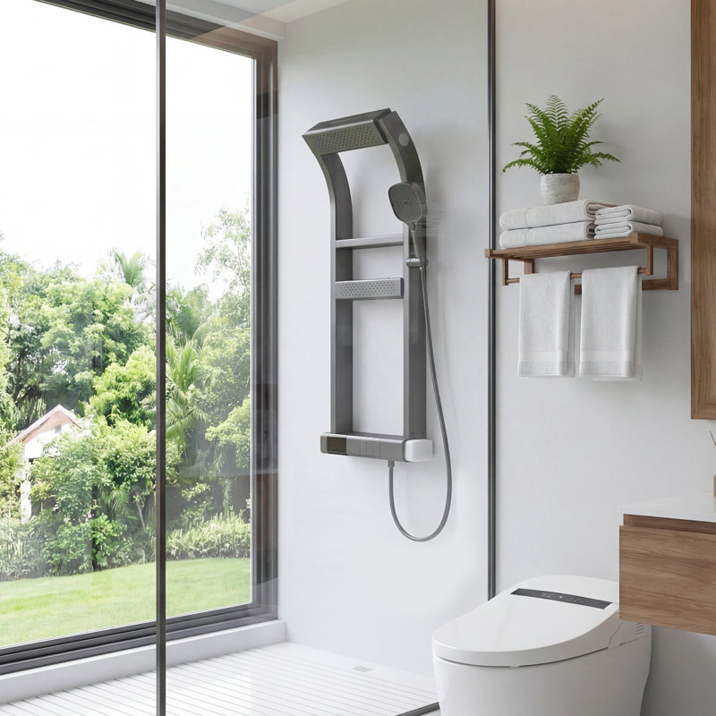 Modern Thermostatic Shower System with Rainfall & Waterfall Shower Head, Body Jets, Handheld Shower and Tub Spout, 12 Spray Modes SPA Shower Panel in Gray