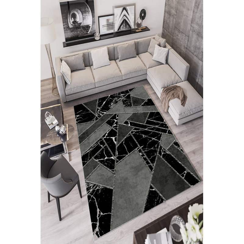 Stylish Area Carpet, Grey, 4.6 x 7.2 Feet | 100% Polyester, 650 g/m² | Antibacterial, Eco-Friendly, Non-Slip PVC Dot Underside | Machine Washable, Digital Printed, Perfect for Living Room & Bedroom Décor