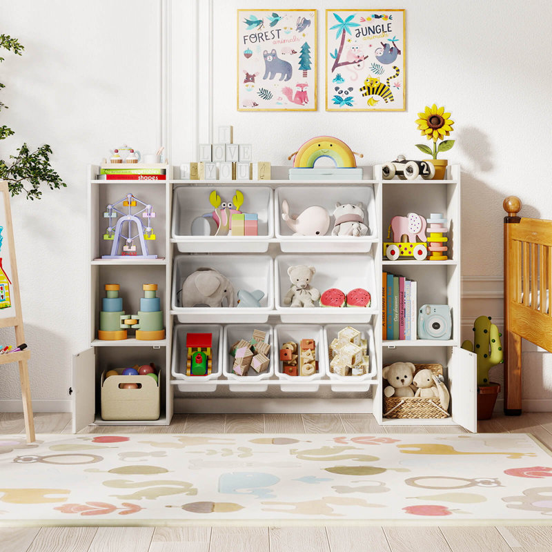 Bibliothèque et rangement pour jouets pour enfants avec 8 boîtes ouvertes et 2 armoires à une porte - blanc, White