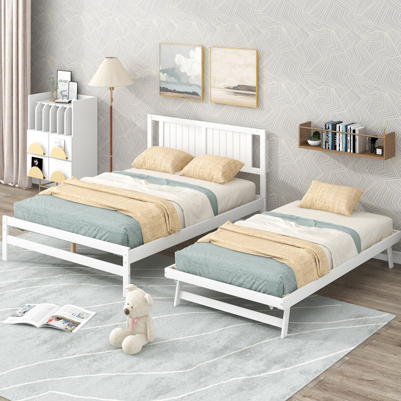 Lit plateforme double avec lit gigogne réglable en bois de pin massif, Blanc