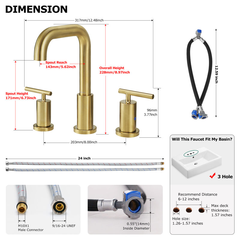 Widespread 2 Handles Bathroom Faucet with Water Supply Lines, Brushed Gold, Without Pop Up Drain