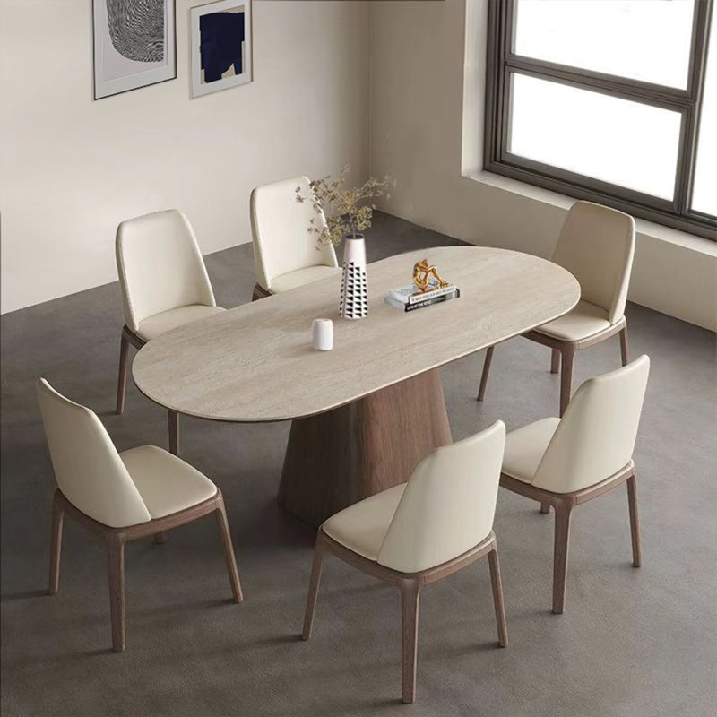 Simple Retro Oval Rock Slab Dining Table Sets, 29.5"H x 35.4"L x 70.8"W
