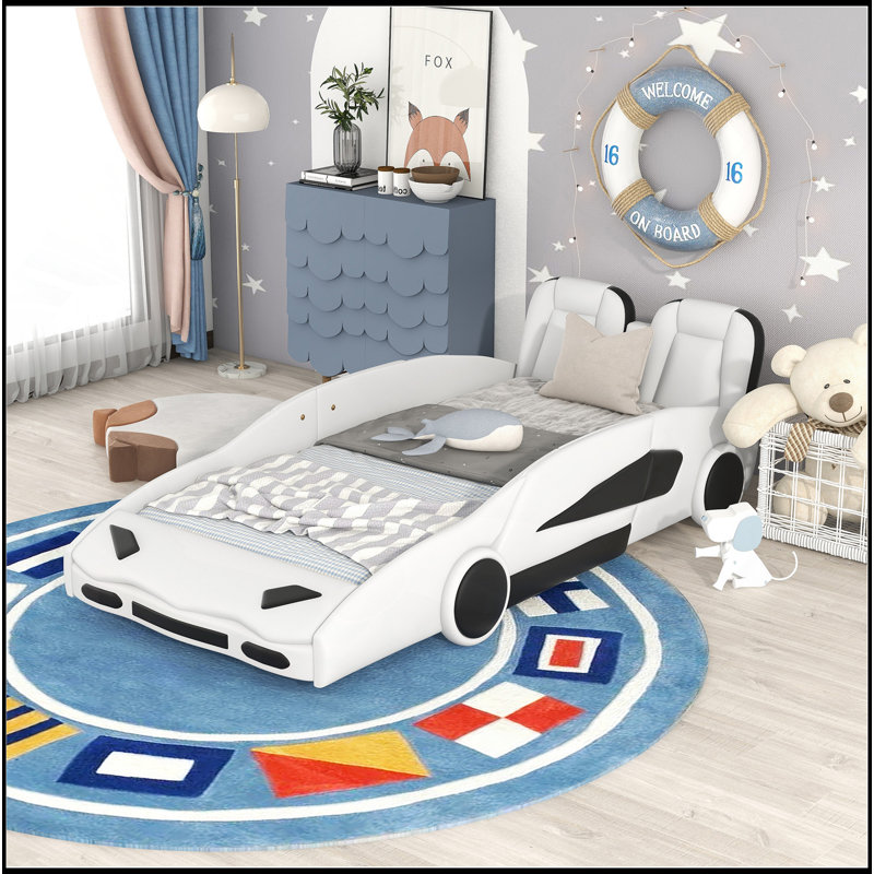 Lit plateforme simple en forme de voiture de course avec roues, blanc