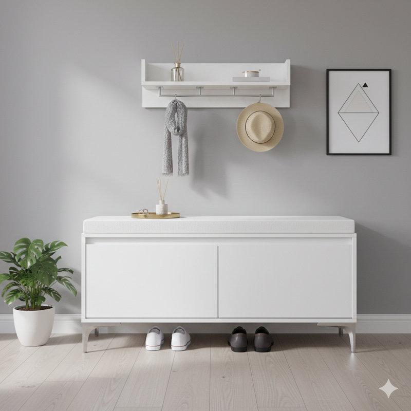 Wall-Mounted Entryway Shelf Set With Hooks And Integrated Storage Bench, Modern White Shoe Cabinet With Cushion And Enclosed Storage For Hallways, Bedrooms, Or Mudrooms
