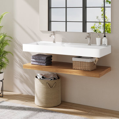 18.9x47''  Wall Mounted Counter Bathroom Sink, Solid Surface Basin With Two Holes Rectangular