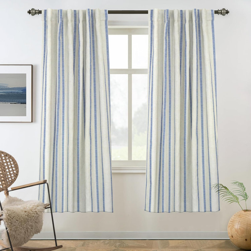 Blackout Curtain Pair, 52" W x 36" L, Navy Stripe/Light Linen-Back Tab