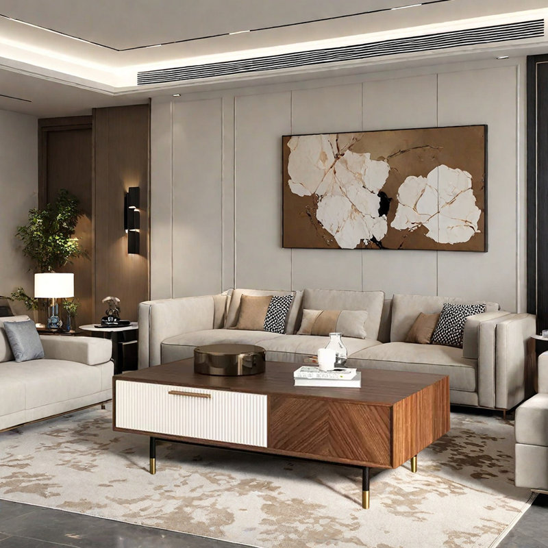 Table basse luxueuse et minimaliste aux tons de noyer