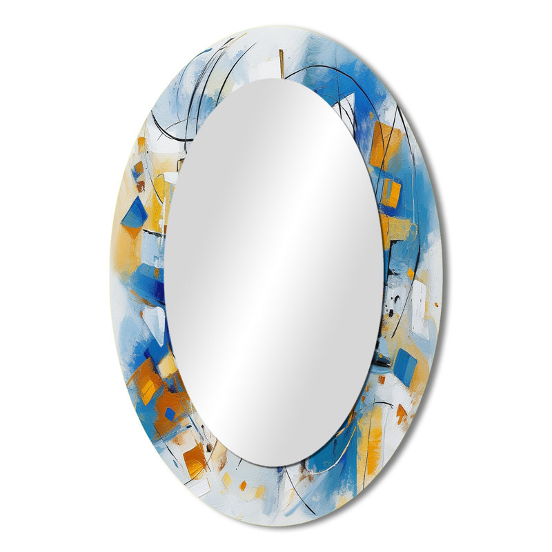 Blue Abstracted Fractals And Dimensions I - Blue Modern Oval Wall Mirror, 36" x 24"