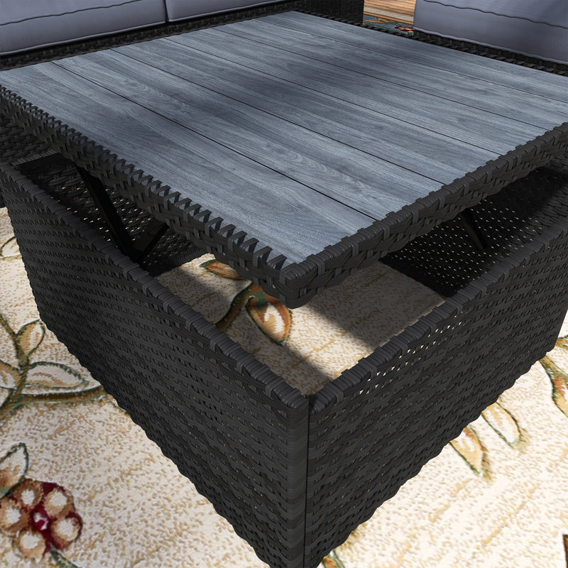Lit de jour d'extérieur rectangulaire en osier avec auvent rétractable, repose-pieds et coussins, Gris