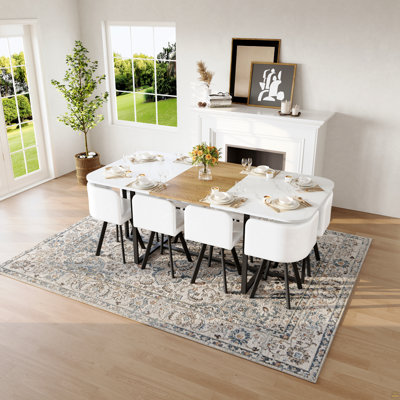 9-Piece Square Dining Table Set, Fixed White Faux Marble & Wood Grain Triamine Tabletop with 8 White Faux Leather Chairs, Modern Kitchen Table Set for 8 People, Ideal for Family Gatherings