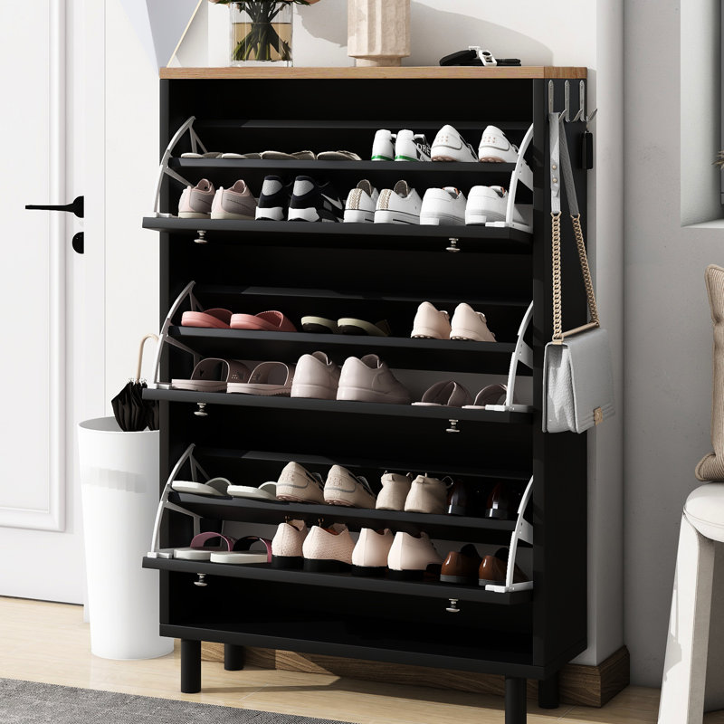 3 organisateurs de chaussures, noir, panneau réglable, plateau en grain de bois, 3 crochets, pour couloir, armoire à panneaux de particules avec tiroirs rabattables et noir