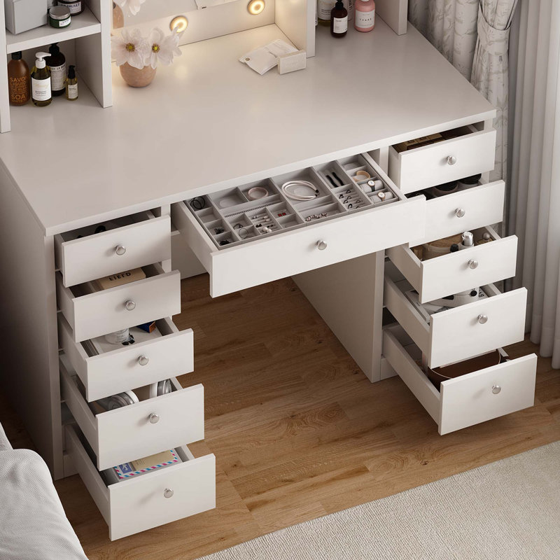 Bureau de meuble-lavabo avec miroir lumineux à DEL, coiffeuse de maquillage avec 11 tiroirs, 3 modes d'éclairage couleur réglables en luminosité, câblage caché, coiffeuse pour chambre à coucher