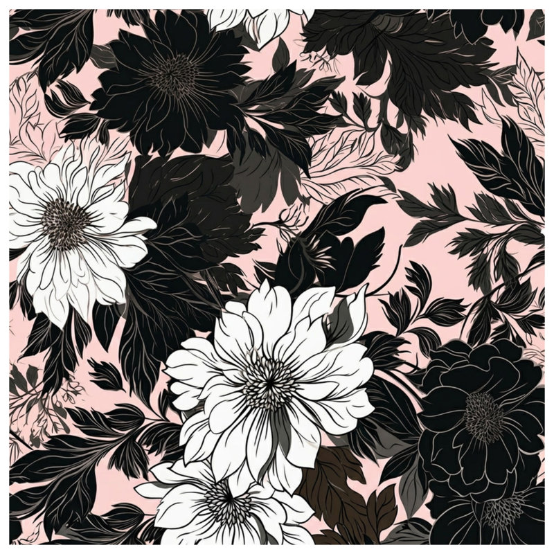 Tapisserie murale fleurs noires et blanches, H 104 po x 88 avec 4 œillets