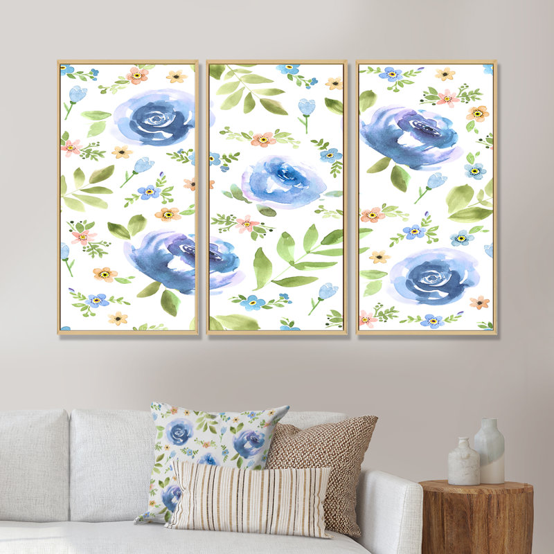 «Blue Roses and Forget-Me-Not», reproduction sur toile flottante 3 pièces, Cadre brun, H 32 po x l 48 po x P 1 po