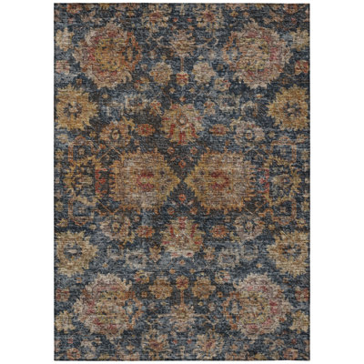 9' X 12' Navy Blue Brown And Terra Cotta Damask Washable Indoor Outdoor Area Rug