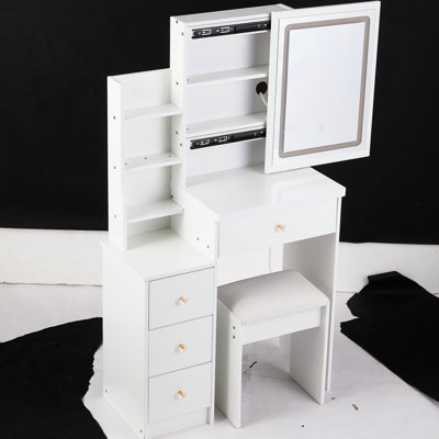 White Left Bedside Cabinet Vanity Table, Led Mirror With 3 Colors & Adjustable Brightness, Cushioned Stool, For Small Rooms Space- - Touch Control Color Choices Brightness , American Magnificent