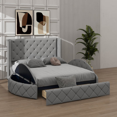 Lit plateforme grand avec revêtement en velours - tête de lit à oreilles, 1 grand tiroir et 2 bancs de rangement latéraux