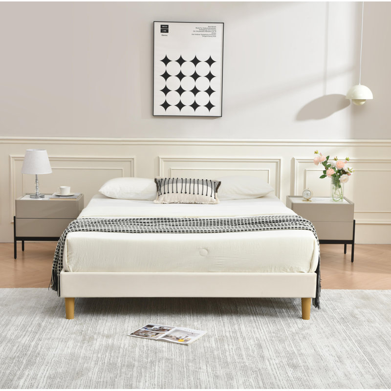 Lit plateforme en tissu d'ameublement, Crème, Double