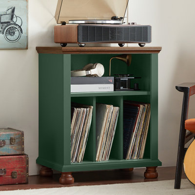 24-Inch Mid-Century Record Player Stand with Vinyl Storage, Display Shelf & Wire Management