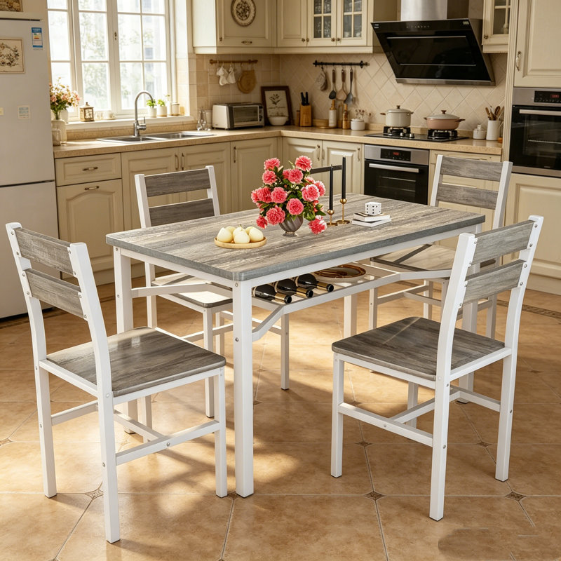 Wood Kitchen Table With Storage, Farmhouse Dining Table Set For 4, Dining Roomtable With Metal Frame And MDF Board,  For Small Space, Easy Assembly