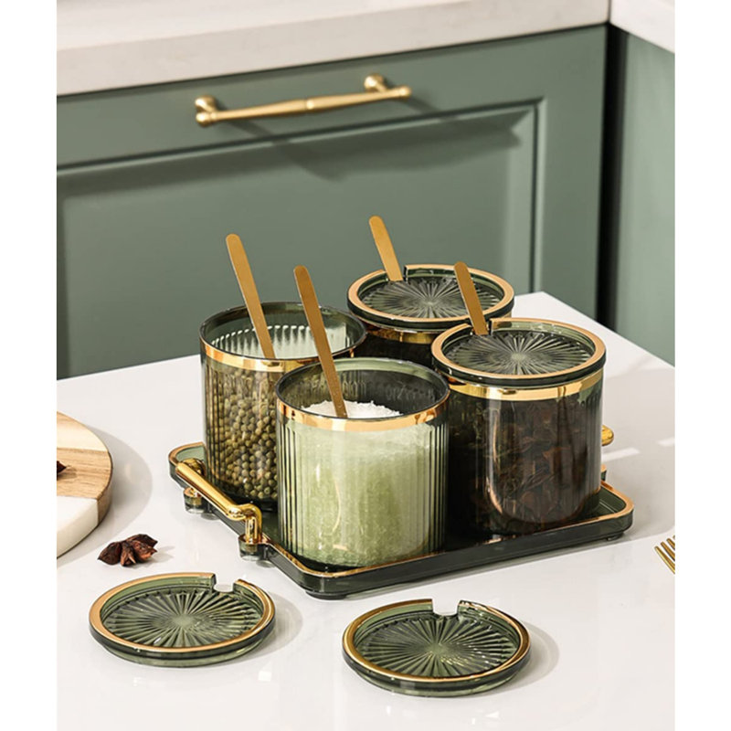 Acrylic Condiment Spice Jars,Condiment Spice Box With Lids And Spoons And Tray,Plastic Condiment Canisters,Seasoning Box 4 Pack,Seasoning Box Set For Kitchen To Storage Salt,Paprika,Sugar