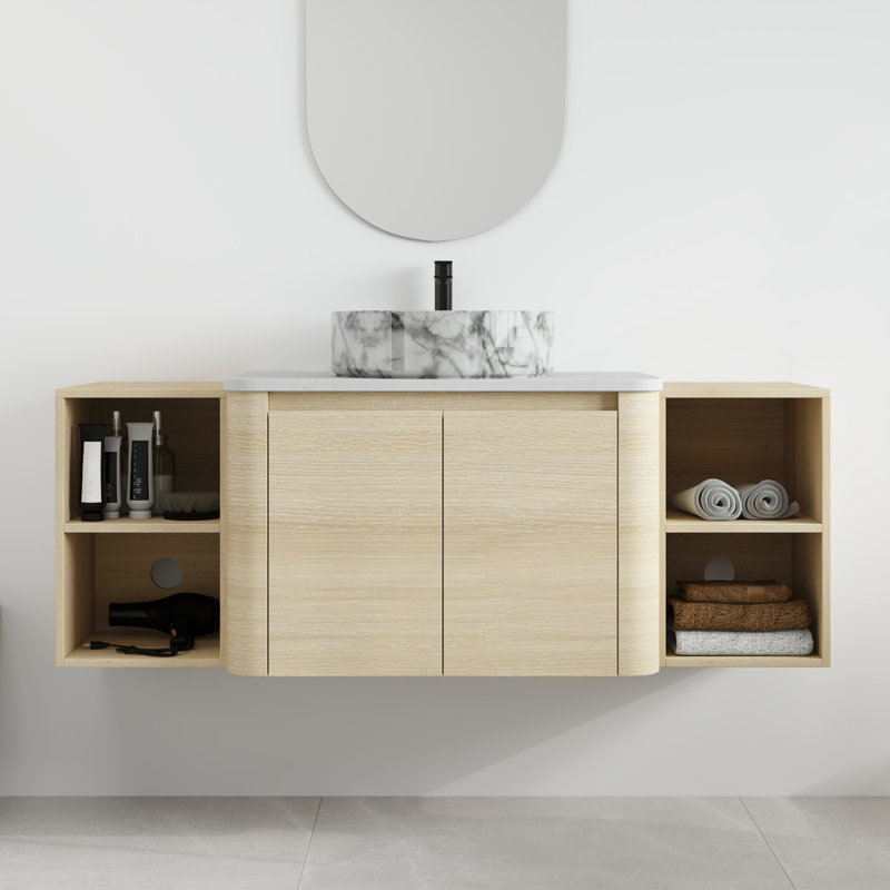 Ensemble de meuble-lavabo simple mural 54 po avec lavabo en céramique et tablettes Greythor, ensemble de meuble-lavabo simple 54 po avec plateau en pierre reconstituée