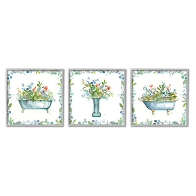 a3-225-Framed " Watercolor Floral Bathroom " 3 Piece Art Print